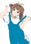  1girl :o antenna_hair blue_overalls brown_hair cardcaptor_sakura child clothes_pull green_eyes hair_intakes head_tilt highres kinomoto_sakura leg_up looking_at_viewer nnn-ollll one_side_up overalls shirt solo standing standing_on_one_leg strap_pull w_arms white_background white_shirt 
