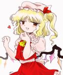  1girl ascot blonde_hair brown_eyes commentary_request cowboy_shot crystal dot_nose eyebrows_visible_through_hair eyes_visible_through_hair flandre_scarlet frilled_shirt_collar frilled_sleeves frills hand_on_own_chin hands_up hat hat_ribbon hayakumo_(okura_oishiiii) heart looking_at_viewer medium_hair mob_cap official_style one-hour_drawing_challenge petticoat puffy_short_sleeves puffy_sleeves red_ribbon red_skirt red_vest ribbon shirt short_sleeves side_ponytail signature simple_background skirt skirt_set smug solo touhou tsurime vest white_background white_headwear white_shirt wings yellow_neckwear zun_(style) 