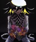  1boy absurdres artist_logo artist_name bangs black_background black_hair black_scarf blonde_hair blue_flower bouquet chain checkered checkered_neckwear checkered_scarf commentary cowboy_shot dangan_ronpa_(series) dangan_ronpa_v3:_killing_harmony eyebrows_visible_through_hair flower grey_jacket grey_pants hair_between_eyes highres holding holding_flower jacket light long_sleeves looking_at_viewer male_focus multicolored_hair open_mouth orange_flower ouma_kokichi pants pastahands pink_flower red_flower scarf shiny shiny_hair sitting smile solo two-tone_hair white_jacket white_scarf 