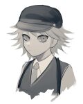  1boy bangs black_headwear brown_hair collared_shirt commentary cropped_torso dangan_ronpa_(series) dangan_ronpa_v3:_killing_harmony grey_background hat highres long_sleeves looking_at_viewer male_focus monochrome necktie official_alternate_costume pastahands prototype saihara_shuuichi shirt short_hair simple_background smile solo upper_body vest white_shirt wing_collar 