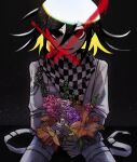  1boy absurdres artist_logo artist_name bangs black_background black_hair black_scarf blonde_hair blood blue_flower bouquet chain checkered checkered_neckwear checkered_scarf commentary cowboy_shot cross dangan_ronpa_(series) dangan_ronpa_v3:_killing_harmony eyebrows_visible_through_hair flower grey_jacket grey_pants hair_between_eyes highres holding holding_flower jacket light long_sleeves looking_at_viewer male_focus multicolored_hair open_mouth orange_flower pants pastahands pink_flower red_flower scarf shiny shiny_hair sitting smile solo two-tone_hair white_jacket white_scarf 