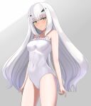  1girl absurdres bangs bare_shoulders blush breasts collarbone fairy_knight_lancelot_(fate) fate/grand_order fate_(series) highres higofushi long_hair looking_at_viewer small_breasts solo thighs white_hair 