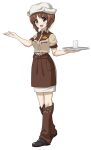  1girl belt brown_eyes brown_footwear brown_hair brown_skirt cup drinking_glass eyebrows_visible_through_hair full_body girls_und_panzer highres holding holding_tray looking_at_viewer nishizumi_miho shiina_excel short_hair short_sleeves skirt solo tray water 