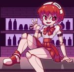  1girl android bob_cut bottle doll_joints dorothy_haze hairband joints kurt_robinson looking_at_viewer open_mouth red_eyes red_footwear red_neckwear red_skirt redhead shirt sitting_on_bar skirt smile va-11_hall-a white_shirt 