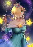  1girl blonde_hair blue_dress blue_eyes breasts brooch collarbone crown dress earrings hair_over_one_eye highres holding holding_wand jewelry large_breasts long_hair long_sleeves looking_at_viewer luma_(mario) super_mario_bros. off_shoulder parted_lips purple_nails rosalina super_mario_galaxy wand wani_(fadgrith) 