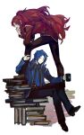  1boy 1girl ascot black_footwear black_pants blue_ascot blue_coat blue_hair book book_stack chesed_(project_moon) coat cup gebura_(project_moon) high_ponytail highres holding holding_cup library_of_ruina long_hair long_sleeves low_ponytail mug nishikujic pants project_moon red_coat redhead shoes simple_background sitting sitting_on_book very_long_hair white_background yellow_eyes 