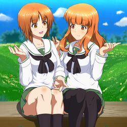  2girls ada_badguy bangs black_legwear black_neckwear blouse blue_sky blunt_bangs blurry blurry_background brown_eyes brown_hair closed_mouth clouds cloudy_sky commentary_request day depth_of_field eyebrows_visible_through_hair gesture girls_und_panzer grass green_skirt highres long_hair long_sleeves looking_at_another miniskirt multiple_girls neckerchief nishizumi_miho ooarai_school_uniform open_mouth orange_eyes orange_hair outdoors pleated_skirt sailor_collar school_uniform serafuku short_hair side-by-side sitting skirt sky smile socks takebe_saori thigh-highs white_blouse white_sailor_collar 