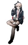  absurdres animal_hood backpack bag bangs black_footwear black_shirt blunt_bangs brown_pants cat_hood collared_shirt crossed_legs dangan_ronpa_(series) dangan_ronpa_2:_goodbye_despair dress_shirt frown genderswap genderswap_(ftm) hand_up handheld_game_console highres holding holding_handheld_game_console hood hood_up invisible_chair light_brown_hair long_sleeves nanami_chiaki necktie nintendo_switch no_(xpxz7347) pants pink_neckwear playing_games shirt shoes sitting sleeves_past_wrists solo tie_clip two-tone_shirt white_shirt 