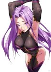  1girl absurdres armpits bleemjay breasts elbow_gloves fate/grand_order fate_(series) gloves highres large_breasts leotard long_hair looking_at_viewer medusa_(fate) medusa_(rider)_(fate) purple_hair simple_background solo violet_eyes white_background 