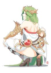  1girl automatic_giraffe bare_shoulders black_panties dress green_hair high_heels jewelry kid_icarus long_hair looking_at_viewer palutena panties side_slit smile solo squatting strapless strapless_dress tiara underwear very_long_hair white_legwear 