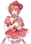  1girl absurdres bloomers candy closed_eyes cowboy_shot doki_doki_literature_club dress eating food gloves hair_ornament halloween_bucket heart heart_hair_ornament highres magical_girl oregaihanboshi red_dress red_ribbon ribbon sayori_(doki_doki_literature_club) simple_background smile solo twitter_username underwear white_background white_gloves 