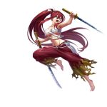  1girl armpits artist_request barefoot breasts brown_eyes dual_wielding earrings erza_scarlet fairy_tail full_body hair_between_eyes holding holding_sword holding_weapon jewelry katana large_breasts long_hair looking_at_viewer midriff navel official_art open_mouth pants ponytail redhead sarashi solo sword teeth tongue transparent_background under_boob valkyrie_connect very_long_hair weapon 