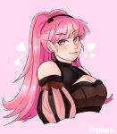  1girl artist_name bare_shoulders breasts detached_sleeves earrings english_commentary eyebrows_visible_through_hair fire_emblem fire_emblem:_three_houses heart highres hilda_valentine_goneril hoop_earrings ivytooru jewelry long_hair looking_at_viewer pink_background pink_eyes pink_hair simple_background solo upper_body watermark 