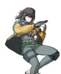 1girl absurdres baseball_cap belt black_legwear boots brown_hair cheogtanbyeong closed_mouth dier_(girls_frontline) dima_(girls_frontline) genderswap genderswap_(mtf) girls_frontline gloves green_shirt green_skirt grey_eyes gun handgun hat highres holding holding_weapon jacket long_hair miniskirt open_clothes open_jacket panties pantyhose pistol pouch shirt shoulder_strap skirt smoke_grenade solo tactical_clothes tom_clancy&#039;s_the_division underwear walkie-talkie watch weapon yellow_jacket 