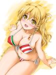  1girl akimoto_dai artist_name bikini blonde_hair braid breasts commentary_request cowboy_shot dated french_braid highres kantai_collection large_breasts long_hair multicolored multicolored_bikini multicolored_clothes one-hour_drawing_challenge side-tie_bikini solo swimsuit wavy_hair yellow_eyes zara_(kancolle) 