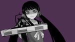  1girl bangs blunt_bangs crossbow dangan_ronpa_(series) dangan_ronpa_v3:_killing_harmony english_commentary hair_ornament hairclip harukawa_maki highres holding holding_weapon long_hair long_sleeves looking_at_viewer low_twintails parted_lips pastahands purple_background sailor_collar school_uniform serafuku shaded_face shirt simple_background solo teeth twintails upper_body weapon 