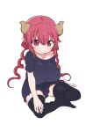  1girl absurdres black_legwear blue_shirt breasts closed_mouth cool-kyou_shinja dragon_girl highres huge_breasts ilulu_(maidragon) indian_style kobayashi-san_chi_no_maidragon long_hair looking_at_viewer pointy_ears red_eyes redhead shirt short_sleeves simple_background sitting slit_pupils smile solo thigh-highs thighs twintails white_background 