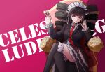  1girl artist_logo artist_name bangs black_hair black_jacket black_legwear black_nails blunt_bangs bonnet breasts card celestia_ludenberg center_frills character_name commentary dangan_ronpa:_trigger_happy_havoc dangan_ronpa_(series) drill_hair earrings feet_out_of_frame frilled_legwear frills gothic_lolita hands_up highres holding holding_card jacket jewelry layered_skirt lolita_fashion long_hair long_sleeves looking_at_viewer medium_breasts nail_polish necktie pastahands pink_background playing_card print_neckwear red_eyes red_neckwear shirt skirt solo thigh-highs twin_drills twintails 