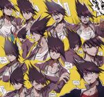  aoki_(fumomo) bangs black_jacket closed_eyes collarbone commentary_request crying crying_with_eyes_open dangan_ronpa_(series) dangan_ronpa_v3:_killing_harmony expressions facial_hair goatee grey_shirt jacket long_sleeves looking_at_viewer male_focus momota_kaito multiple_views open_clothes open_shirt pectorals pink_jacket purple_hair red_shirt scarf shaded_face shirt short_hair smile tearing_up tears teeth translation_request white_shirt yellow_background 