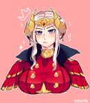  1girl artist_name breasts double_bun edelgard_von_hresvelg english_commentary eyebrows_visible_through_hair fire_emblem fire_emblem:_three_houses hair_ornament highres ivytooru large_breasts looking_at_viewer pink_background simple_background solo upper_body violet_eyes watermark white_hair 