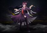  1girl ahoge arm_up artist_name bangs body_writing braid brown_eyes brown_hair caution chain-link_fence dangan_ronpa:_trigger_happy_havoc dangan_ronpa_(series) english_commentary fence fukawa_touko genocider_shou glasses hand_up highres holding holding_scissors long_hair long_sleeves long_tongue looking_at_viewer mole mole_under_mouth open_mouth pastahands purple_hair red_eyes round_eyewear school_uniform scissors serafuku shirt shoes skirt smile solo standing thigh-highs tongue tongue_out torn_clothes torn_shirt torn_skirt 
