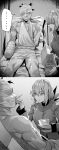  1boy 1girl absurdres bandages bangs braid braided_ponytail breasts fate/grand_order fate_(series) florence_nightingale_(fate) folded_ponytail fujimaru_ritsuka_(male) greyscale highres hxd large_breasts long_hair long_sleeves military_jacket monochrome short_hair 