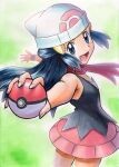  1girl :d beanie blue_eyes commentary_request cowboy_shot hikari_(pokemon) eyelashes fingernails floating_hair floating_scarf hair_ornament hairclip hat holding holding_poke_ball long_hair oka_mochi open_mouth pink_skirt poke_ball poke_ball_(basic) pokemon pokemon_(anime) pokemon_swsh_(anime) scarf shirt skirt sleeveless sleeveless_shirt smile solo tongue white_headwear 