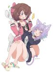  2girls ^ ^^^ animal_hood blush brown_hair cat_girl cat_tail closed_eyes detached_sleeves dog_hood full_body fur-trimmed_sleeves fur_trim highres hololive hood hood_down inugami_korone lap_pillow multiple_girls nekomata_okayu pink_sleeves pink_vest purple_hair simple_background slippers tail twitter_username vest vinhnyu white_background yuri 