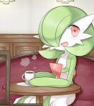  1girl bangs blush bob_cut cafe coffee colored_skin commentary_request cup drink flat_chest gardevoir gen_3_pokemon green_hair green_skin hair_over_one_eye happy holding holding_cup indoors light_blush looking_to_the_side lotosu mug multicolored multicolored_skin on_chair open_mouth partial_commentary pokemon pokemon_(creature) red_eyes saucer shiny shiny_hair short_hair sitting smile solo steam table two-tone_skin white_skin 