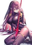  1girl absurdres black_legwear bodystocking bodysuit breasts capelet circlet fate/grand_order fate_(series) headdress high_heels highres large_breasts lips lying on_side polearm purple_hair red_eyes rib_(rib_delesetong) scathach_(fate) scathach_(fate)_(all) skindentation spear thighs uniform weapon 