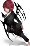  1girl black_jacket black_pants black_wings blazpu blue_eyes blue_lips blue_neckwear business_suit collared_shirt ear_piercing earrings formal hair_between_eyes hand_on_hip highres jacket jewelry lipstick looking_back makeup necktie pants piercing redhead shadow shirt short_hair simple_background solo standing subarashiki_kono_sekai suit white_background white_shirt wings yashiro_uzuki 