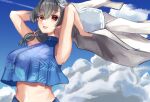  1girl bikini black_hair blue_bikini blue_sky breasts clouds hair_flaps hair_ornament hair_over_shoulder hairclip highres jacket jingei_(kancolle) kantai_collection large_breasts long_hair looking_at_viewer panda_(heart_sink) red_eyes sky solo swimsuit upper_body white_jacket 