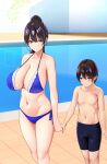 1boy 1girl absurdres age_difference bikini blue_bikini breasts closed_mouth commentary_request height_difference highres holding_hands large_breasts looking_at_another marui_koishi navel original smile swimsuit