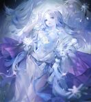  1girl absurdres blue_eyes blue_theme breasts character_request claw_(rjtd7274) colored_skin dress flower hand_up highres long_hair looking_at_viewer lying medium_breasts on_back onmyoji parted_lips rose snowflakes solo white_dress white_hair white_skin yuki_onna 