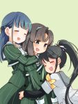  3girls ayanokouji_martial_arts_school_uniform black_hair blue_hair blush braid closed_eyes commentary_request girl_sandwich hair_ornament hair_ribbon hairband head_on_chest height_difference heijou_institute_school_uniform hug hug_from_behind koike_saaya long_hair medium_hair multiple_girls musumi_kiyoka open_mouth polka_dot_hairband ribbon sandwiched school_uniform short_hair simple_background sweatdrop takano_natsuki toji_no_miko yamashiro_yui 