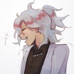  1boy :d alternate_hairstyle artist_logo artist_name bangs black_bow blush bow bowtie brown_jacket closed_eyes collared_shirt commentary dangan_ronpa_(series) dangan_ronpa_10th_anniversary_costume dangan_ronpa_2:_goodbye_despair grey_hair grey_jacket jacket komaeda_nagito male_focus multicolored_hair official_alternate_costume open_mouth pastahands profile redhead shirt short_ponytail smile solo two-tone_hair upper_body white_bow 