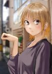  1girl absurdres backpack bag blonde_hair blurry blurry_background blush brown_eyes closed_mouth depth_of_field from_side hand_up highres kirie_kairi long_sleeves looking_at_viewer original purple_shirt shirt solo upper_body v-shaped_eyebrows 