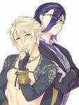  2boys aladdin_(sinoalice) bare_pectorals black_hair blonde_hair bridal_gauntlets butler closed_mouth collared_shirt formal fringe_trim glasses gloves hameln_(sinoalice) highres jewelry male_focus multicolored_hair multiple_boys necklace necktie nipples pectorals purple_hair red_eyes ribbon shirt short_hair sinoalice skky3 smile smug two-tone_hair white_gloves 