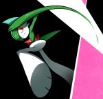  1boy arm_up bangs black_background closed_mouth colored_skin commentary_request feet from_below from_side gallade gen_4_pokemon green_hair green_skin hair_over_one_eye jumping leg_up looking_to_the_side lotosu male_focus mohawk multicolored multicolored_hair multicolored_skin partial_commentary pokemon pokemon_(creature) red_eyes shiny shiny_hair short_hair simple_background solo two-tone_hair two-tone_skin white_skin wide-eyed 