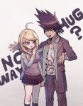  1boy 1girl ahoge akamatsu_kaede aoki_(fumomo) bangs beamed_eighth_notes black_legwear blonde_hair blush breasts closed_eyes collarbone collared_shirt commentary_request dangan_ronpa_(series) dangan_ronpa_v3:_killing_harmony eighth_note english_text facial_hair feet_out_of_frame goatee grey_background grey_shirt hair_ornament hair_up jacket jacket_on_shoulders kneehighs large_breasts long_hair long_sleeves looking_at_another male_focus momota_kaito musical_note musical_note_hair_ornament necktie open_mouth pants pink_eyes pink_vest pleated_skirt print_shirt print_skirt purple_hair purple_skirt school_uniform shirt short_hair skirt smile space_print spiky_hair standing starry_sky_print sweater_vest vest white_shirt 