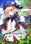  1girl artoria_pendragon_(all) artoria_pendragon_(caster)_(fate) beret black_gloves blonde_hair bow cape dress fate/grand_order fate_(series) gloves green_eyes hat highres neko_daruma smile sword sword_behind_back tree twintails weapon white_dress wind 