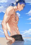  1boy abs absurdres alternate_costume biceps blue_hair blue_sky bok closed_mouth cu_chulainn_(fate)_(all) cu_chulainn_(fate/stay_night) fate/stay_night fate_(series) from_side groin highres long_hair male_focus male_swimwear muscular muscular_male outdoors partially_submerged pectorals ponytail red_eyes shirtless sky smile solo spiky_hair water wet 