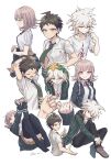  1girl 2boys arms_up bangs black_jacket black_legwear black_pants black_shirt blush brown_footwear brown_hair card clothes_around_waist collarbone collared_shirt commentary_request dangan_ronpa_(series) dangan_ronpa_2:_goodbye_despair dress_shirt eyebrows_visible_through_hair flipped_hair frown green_jacket green_neckwear hair_between_eyes hair_ornament hairclip haizai hand_up handheld_game_console highres hinata_hajime holding holding_card holding_handheld_game_console jacket jacket_around_waist knees_up komaeda_nagito long_sleeves looking_at_viewer monomi_(dangan_ronpa) multiple_boys nanami_chiaki necktie open_clothes open_jacket pants pink_eyes pinky_swear playing_games pleated_skirt print_shirt school_uniform shirt short_hair simple_background skirt smile spaceship_hair_ornament starfish stretch thigh-highs two-tone_shirt wet wet_hair white_background white_shirt 