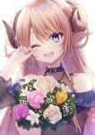  1girl :d animal_ears bangs bare_shoulders blonde_hair blue_bow blue_choker blue_eyes blush bouquet bow braid choker commentary_request eyebrows_visible_through_hair flower hair_bow halterneck highres holding holding_bouquet horns indie_virtual_youtuber long_hair long_sleeves looking_at_viewer nanase_subaru off_shoulder one_eye_closed open_mouth pink_nails puffy_sleeves reward_available sidelocks smile solo tears uruha_(yw1109) white_background yellow_bow 