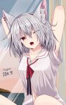  1girl animal_ear_fluff animal_ears armpits arms_behind_back bangs breasts english_commentary eyebrows_visible_through_hair fang fox_ears fox_girl grey_hair highres lee_siu looking_to_the_side milestone_celebration navel nijisanji nijisanji_kr one_eye_closed open_mouth short_hair skin_fang small_breasts solo virtual_youtuber window wiza yawning 