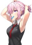  1girl adjusting_hair alternate_hairstyle armpits arms_up bangs bare_shoulders between_breasts black_shirt blush breasts collared_shirt commentary_request eyebrows_visible_through_hair fate/grand_order fate_(series) food food_in_mouth hair_over_one_eye herigaru_(fvgyvr000) highres ice_cream looking_away mash_kyrielight medium_breasts necktie necktie_between_breasts one_eye_covered pink_hair ponytail popsicle red_neckwear shirt sidelocks simple_background sleeveless sleeveless_shirt solo sweat violet_eyes white_background 