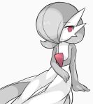  1girl arm_support bangs bob_cut closed_mouth colored_skin commentary_request empty_eyes expressionless eyebrows_visible_through_hair flat_chest gardevoir gen_3_pokemon grey_background greyscale hair_over_one_eye half-closed_eyes leaning_to_the_side looking_to_the_side lotosu monochrome multicolored multicolored_skin partial_commentary pokemon pokemon_(creature) red_eyes shiny shiny_hair short_hair simple_background solo spot_color two-tone_skin 