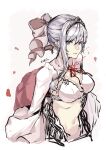  1girl armor bow bra cropped_jacket debuff999 flower grey_eyes hair_bow happy highres looking_at_viewer navel parted_lips petals rose sidelocks simple_background sinoalice skirt snow_white_(sinoalice) solo tiara underwear white_background white_hair 