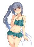  1girl ass_visible_through_thighs bikini brown_eyes collarbone commentary_request frilled_bikini frills green_bikini grey_hair groin highres kantai_collection kasumi_(kancolle) long_hair looking_at_viewer midriff navel one-hour_drawing_challenge side_ponytail solo swimsuit umegae_ousuke 