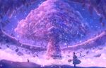  1girl ahoge black_cat capelet cat clouds commentary_request dress dust fantasy floating_rock full_body giant_tree gradient_sky highres holding holding_staff long_hair original outdoors ponytail purple_capelet purple_dress purple_sky purple_theme sakimori_(hououbds) scenery sky solo sparkle staff star_(sky) starry_sky tree 